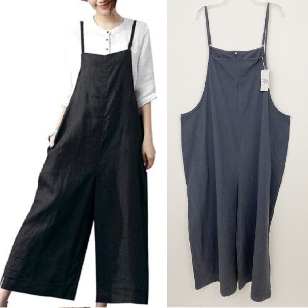 NWT YESNO Oversized Wide Leg Cotton Linen Bib Overalls Jumpsuit Size 5XL Gray